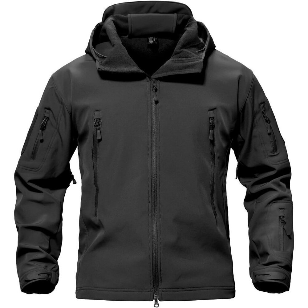 Men's Black Tactical Soft Shell Winter Jacket with Fleece Lining & Hood